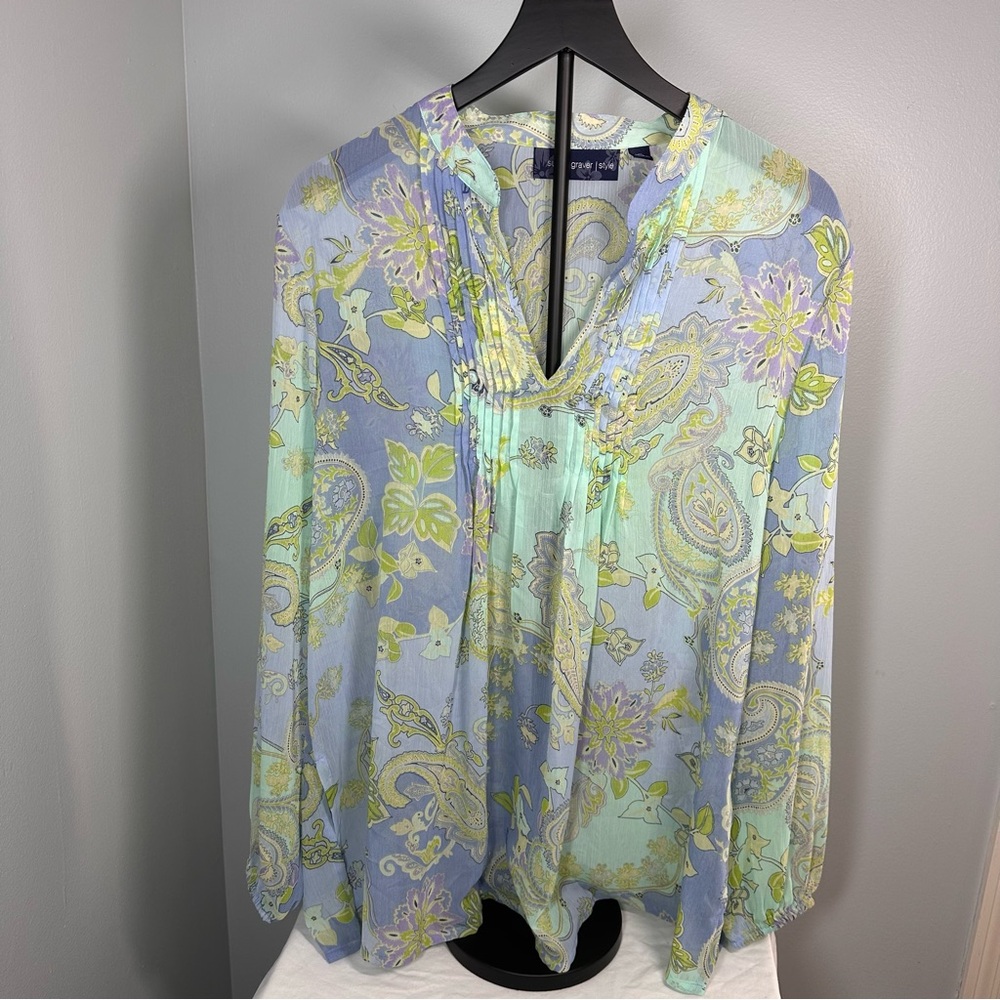 Susan Graver‎ Women's Paisley Blouse - Blue & Green Crinkled Sheer Chiffon Tunic